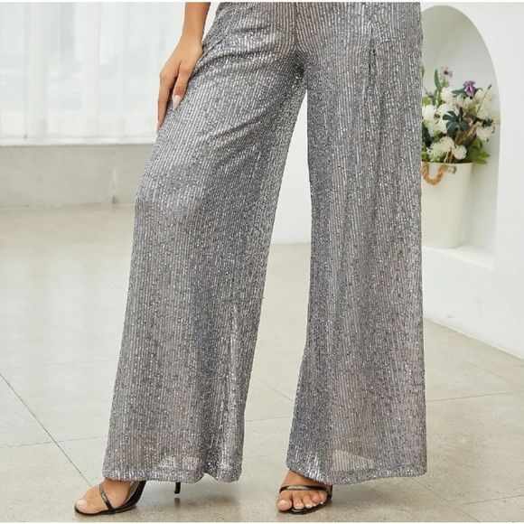 Dana Buchman Pants - ACCORDIAN HIGH RISE TEXTURED SILVER SNAKESKIN WIDE LEG SPLIT HEM PANTS TROUSERS